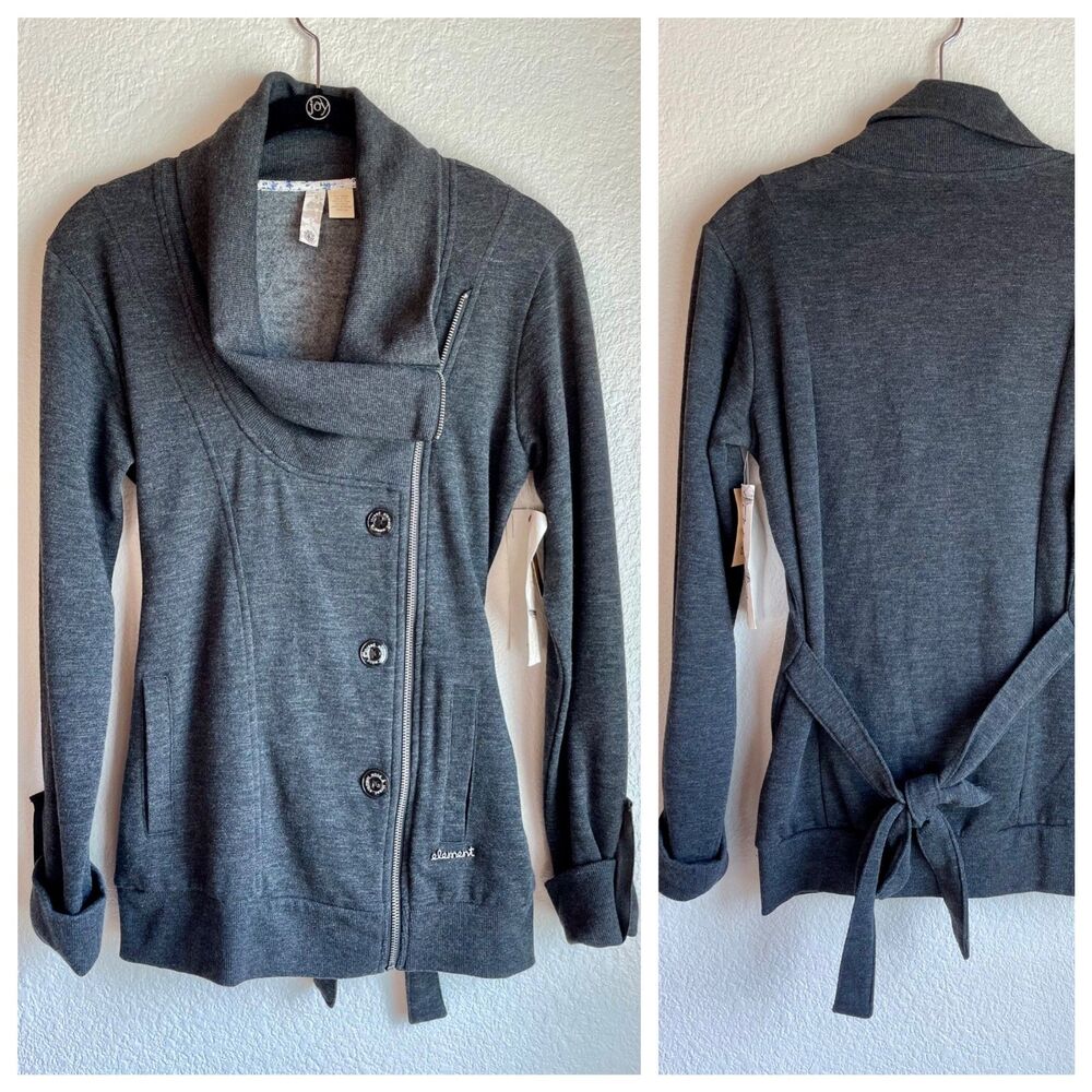 NWT Element Wood & Thread Asymmetric Zip Up Knit Cowl Jacket in Dark Grey Size M